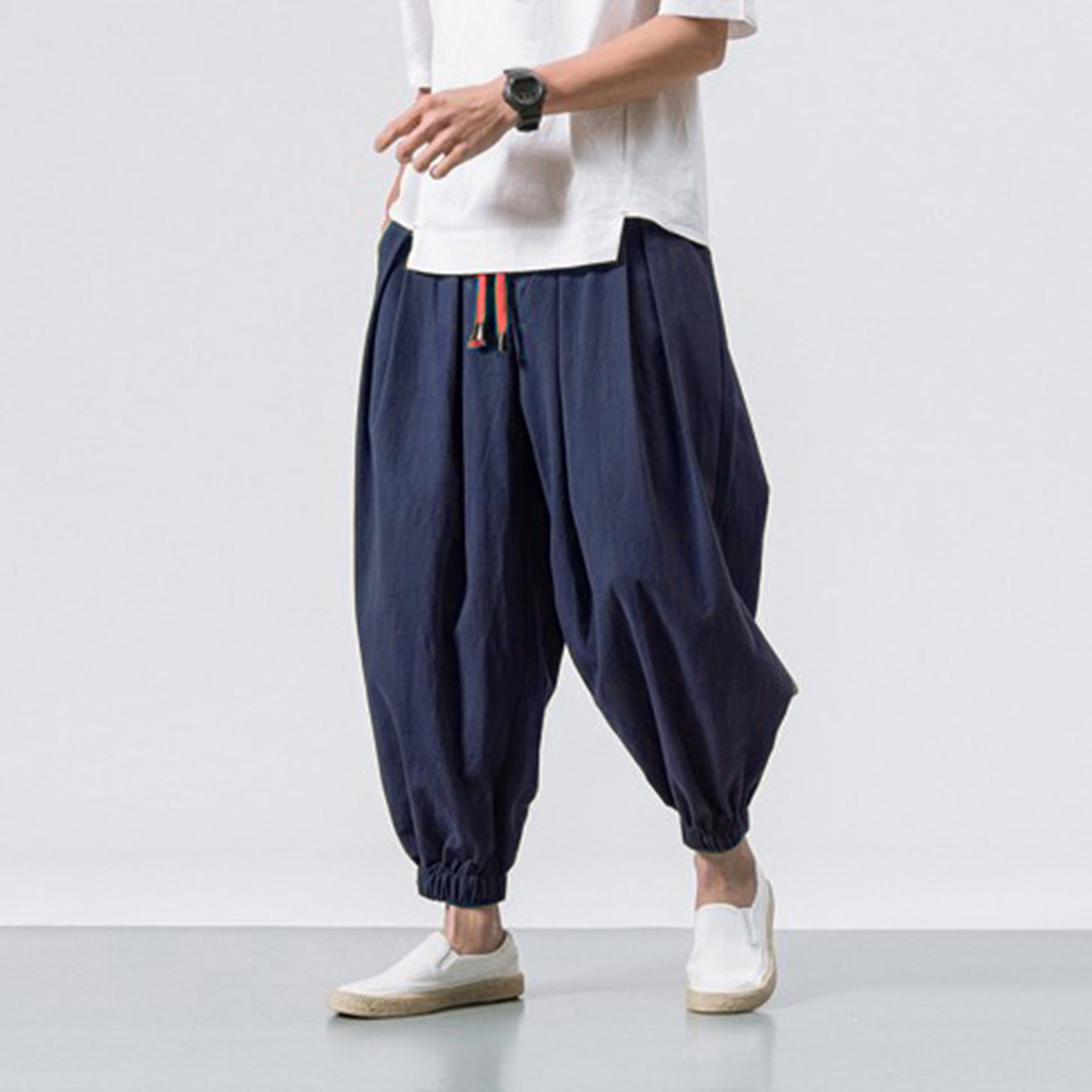thumbnail image 2 of Pantalones harem holgados de algodón y lino para hombre - Pantalones anchos lisos para yoga - Informales/para la playa, aptos para todas las estaciones, 2 of 7